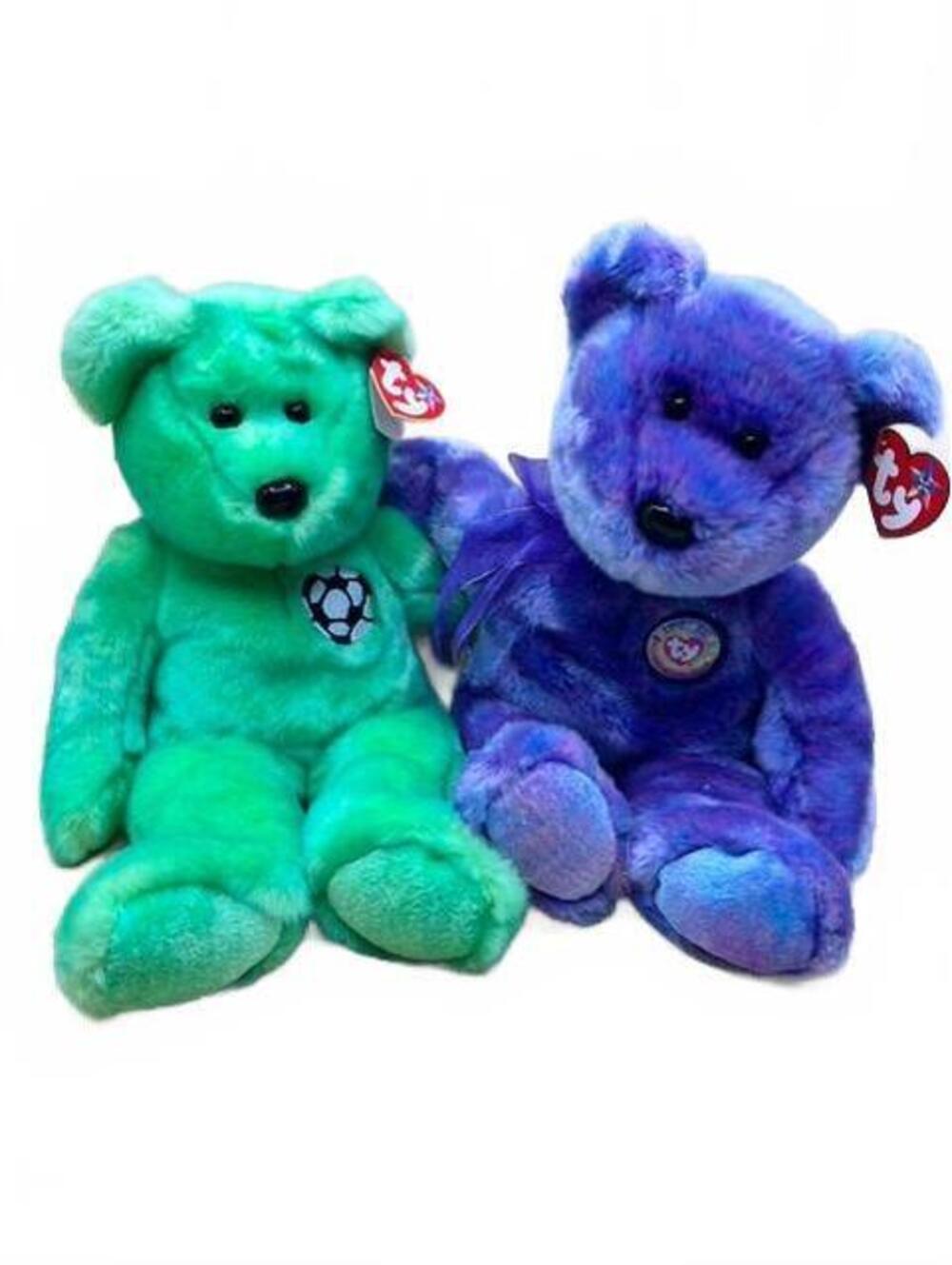 Pair Ty Beanie Buddies Clubby IV Purple and Kicks Green Soccer Bear Plush Lot